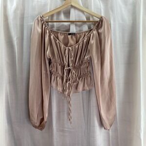 Forever 21 Satin Tie Front Ruched Peplum Blouse Pink Long Sleeve Romanic Date